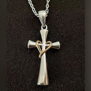 Silver cross with gold heart necklace
